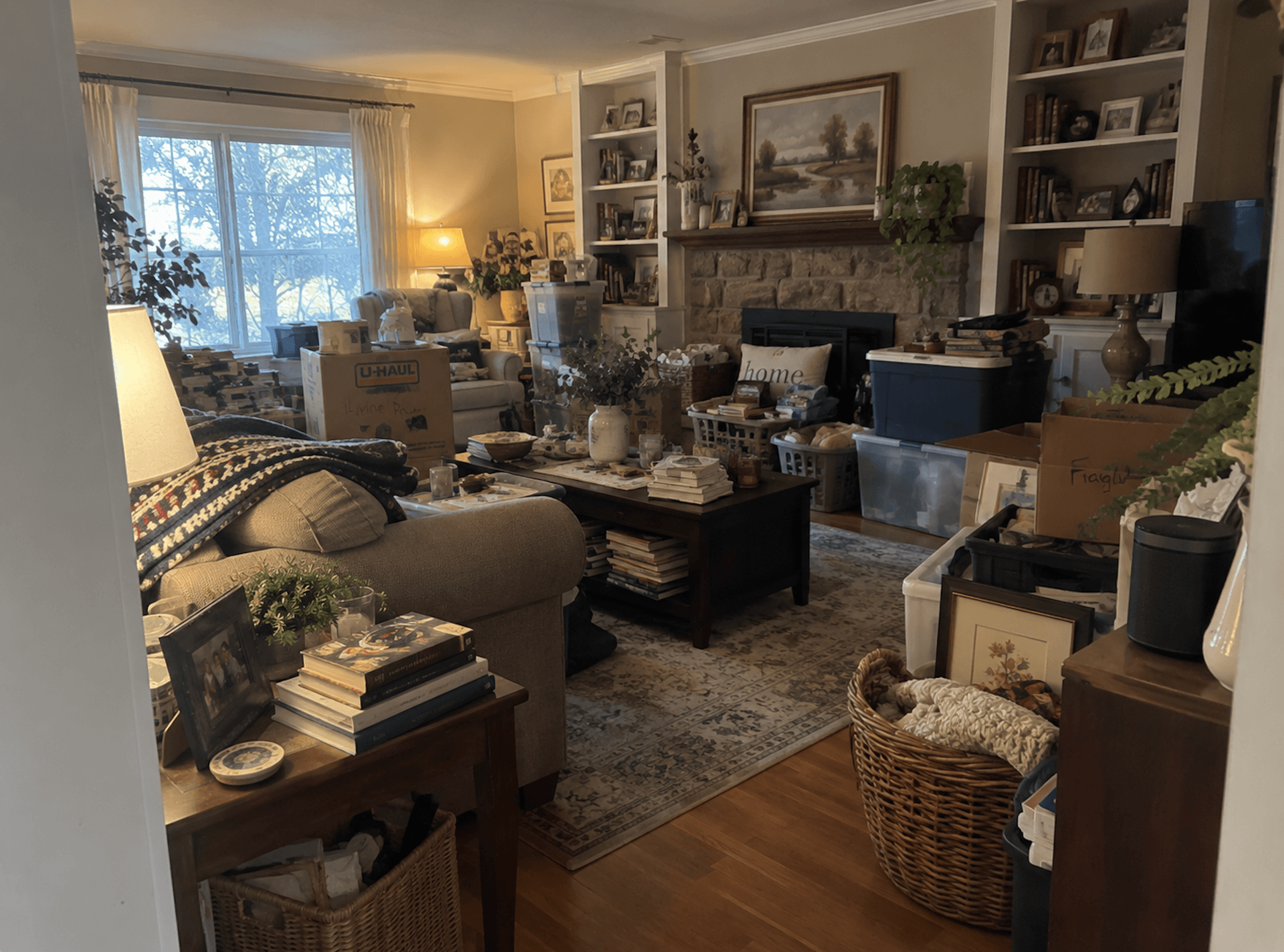 Furniture, boxes and storage bins filling a living room